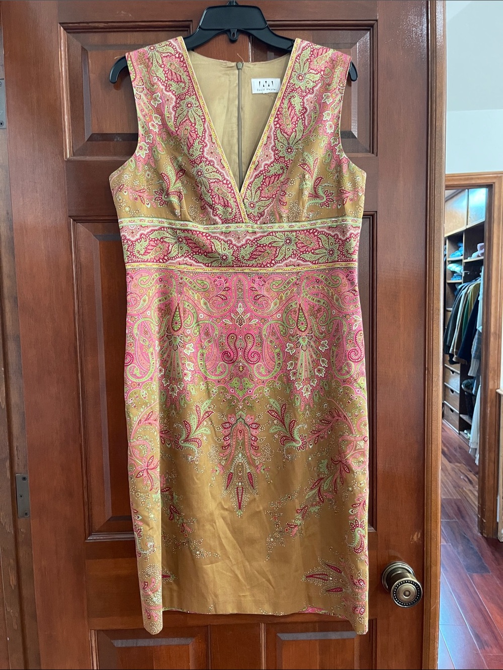 David Meister  Gold and Pink Paisley Midi Sheath Dress size 12